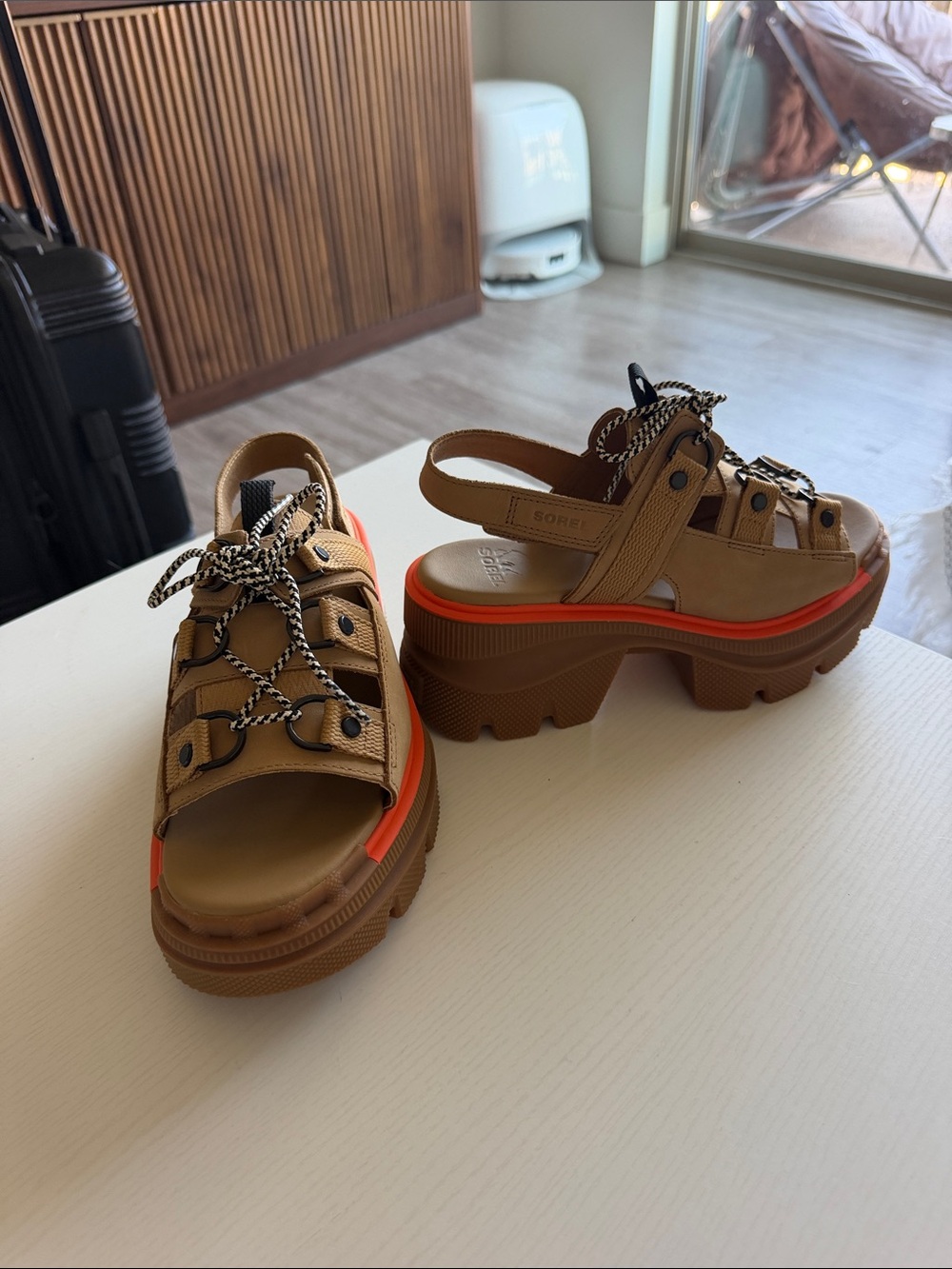 Sorel Tan Platform Lug Sandals with Orange Trim